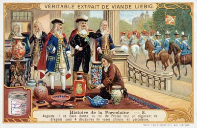 Geschiedenis van porselein: Augustus II van Saksen (of Frederik Augustus I van Polen) (1670-1733) geeft de koning van Pruisen een heel regiment draken voor 4 dozijn Chinese porseleinen vazen - Liebig chromolithografie