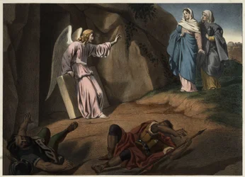Heilige vrouwen bezoeken Christus bij het graf. Anonieme gravure uit de 19e eeuw.