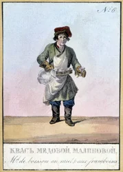 Honing- en frambozendrankverkoper in Rusland in de 19e eeuw. Illustratie uit de 19e eeuw.