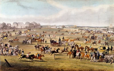 Paardenrace in Chantilly onder het beschermheerschap van de hertog van Orléans Gravure uit 1841. Privécollectie