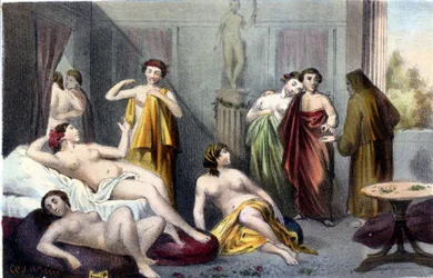 Huis in het oude Griekenland. 19e-eeuwse gravure