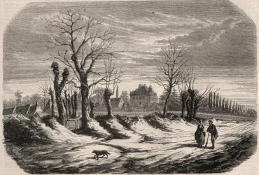 Huis van George Sand (1804-1876) (Aurore Dupin), Barones Dudevant in Nohant Vic in de Indre (36). Gravure in 