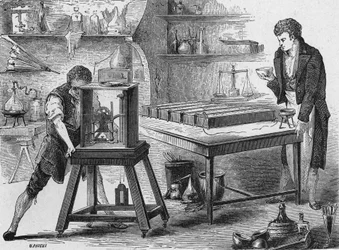 Humphry Davy breekt de alkaliën af met de voltaïsche batterij. In 