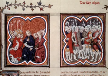 Honderdjarige Oorlog: Links de toekomstige dauphin Karel V de wijze en de raadsleden van de Staten-Generaal die de bevrijding van zijn vader Jan II na de slag bij Poitiers in 1356 bevalen