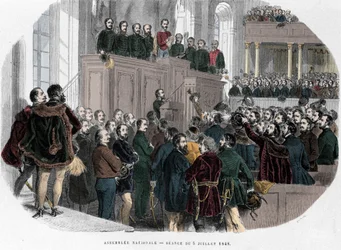 Hongaarse Revolutie van 1848: Eerste vergadering van de Nationale Vergadering in Hongarije op 5 juli 1848. Gravure in 