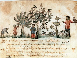 Jachtscène met valken en fruitverzameling. Miniatuur uit de jachtmelk The Cynegetics door Oppian van Syrië (3e eeuw n.Chr.) opgedragen aan Caracalla