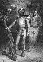 Illustratie van "Twintigduizend mijlen onder zee" door Jules Verne. Een matroos van de Nautilus in het Rouquayrol-Denayrouze duikpak. Gravure uit de 19e eeuw
