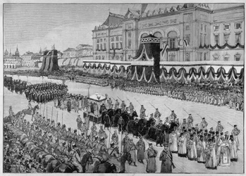 Illustratie van de begrafenis van Tsaar Alexander III in 1894. 