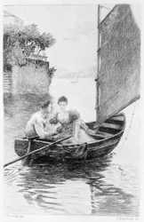 Illustratie van «Rood en zwart» van Stendhal. 1830. Julien Sorel en Madame de Rênal afgebeeld op een zeilboot. Gravure uit het einde van de 19e eeuw.