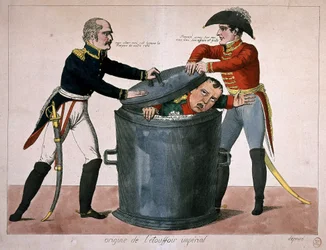 Keizerlijke verstikking: Napoleon-I opgesloten in een vuilnisbak, n.d. deb. 19e eeuw