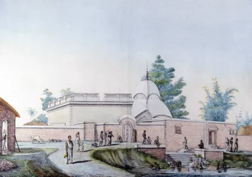 Indiase cultuur en beschaving: bad in de rivier Hooghly in Calcutta (of Kalkata), India. Gravure 1808.