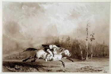 Indiaan van Amerika: Een paard in galop met een vastgebonden man