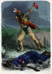 Indiaan scalpeert een soldaat (illustratie, ca. 1900)