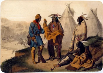 Indianen van Amerika: een pelsjager ruilt met Indianen