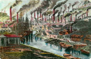 Industriële Revolutie: overzicht van de koperfabriek van meneer Vivian in Swansea, Wales. Gravure uit de 19e eeuw. Privécollectie.