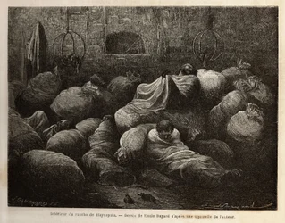 Binnen een rancho van Maynapata (Laag-Peru), verrast door een sneeuwstorm, nemen reizigers hun toevlucht in een modderhut en rusten en verwarmen zich tussen zakken met aardappelen en maïs. Gravure ter illustratie van de reis in de valleien van Quinquinas (