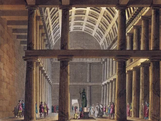 Interieur van het Parthenon - Beeld van de godin Athena (Minerva) binnen het Parthenon van Athene, Oud-Griekenland - Gravure rond 1820