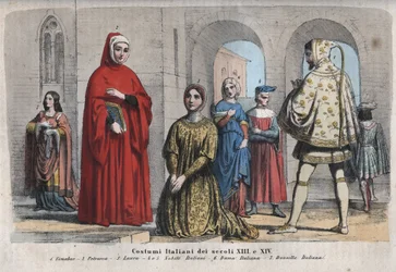 Italiaanse mode van de XIII en XIV eeuw - gravure uit Usi e Costumi di Tutti i Popoli dell