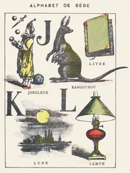 J K L: jongleur, kangoeroe, boek, maan, lamp