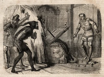 Jacob Van Artevelde (1290-1345), vermoord in 1345 - Jacques (Jacob) Van Artevelde (1287-1345), bekend als de Wijze Man van Gent, valt in 1345 onder de slagen van de burgers van Gent - gravure in “Illustrious People