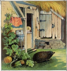 Jacques observeert een egel die de binnenplaats van zijn huis oversteekt. Chromolithografie uit “Scènes enfantines”, ed. Guerin - Muller circa 1885