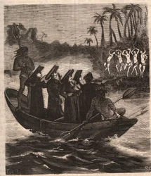 Jezuïetenmissionarissen arriveren per boot bij de Guarani-indianen in Paraguay in 1553 - Gravure van 1879 in 