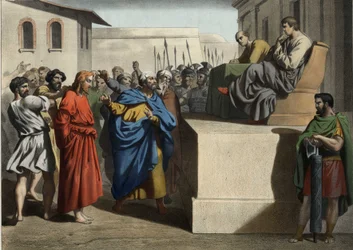 Jezus Christus voor Pontius Pilatus. Anonieme gravure uit het midden van de 19e eeuw.