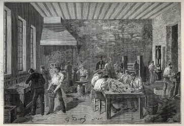 Juwelen: staaljuwelenfabriek. Gravure uit 1885 in 