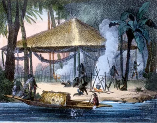 Jivaros Indianen in Ecuador. Gravure 1846-48.