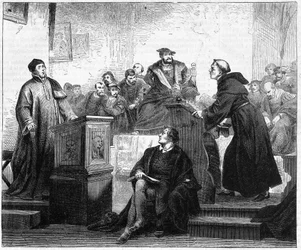 Johann Maier bekend als Johann Eck (1486-1543), Duitse katholieke theoloog en Martin Luther (1483-1546), Duitse protestantse theoloog en hervormer in Pleissenburg in 1519.