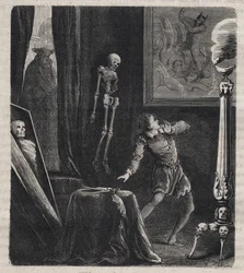 John Châtel (Chastel) (1575-1594), door de jezuïeten opgesloten in de meditatiekamer - vóór zijn aanslag op koning Hendrik IV van Frankrijk op 27 december 1594. Gravure uit 1879 in “Histoire des sociétés secrètes, politiques et religieuses”