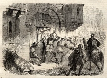 Johannes II Comnenus, Byzantijnse keizer - De keizer Johannes II Comnene (1087-1143) aan het hoofd van de Grieken die de deur van zijn paleis in Constantinopel openen - gravure in 