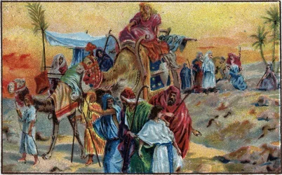 Jozef verkocht door zijn broers (Genesis 37.1-36) - Chromolithografie eind 19e eeuw.