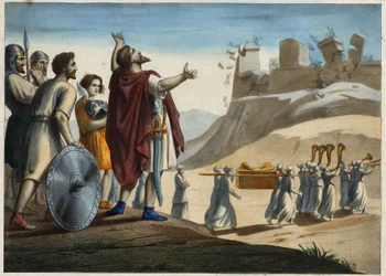 Jozua voor de stad Jericho, de eerste stad die Jozua en de Joden innamen tijdens de verovering van het Beloofde Land. De muren storten in bij het geluid van de trompetten. Anonieme gravure uit de 19e eeuw.