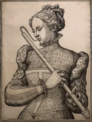 Douçaine-speler, circa 1560 (Houtgravure)