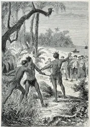 Reis van Kapitein James Cook naar Nieuw-Guinea: de eerste ontmoeting met de inboorlingen, illustratie uit 