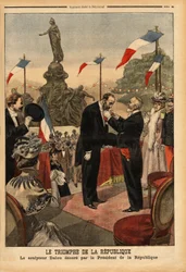 Jules Dalou, beeldhouwer, versierd met het legioen van eer door de president van de republiek Emile Loubet