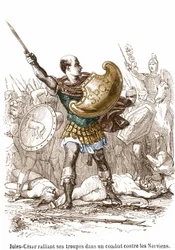 Julius Caesar verzamelt zijn troepen in een gevecht tegen de Nerviërs - gravure