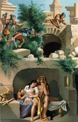 Julius Sabinus (Galliërs van het volk der Lingons) en zijn vrouw Eponine blijven negen jaar met hun kinderen ondergronds verborgen en worden dan ontdekt. Ze worden samen met hun twee tweelingzonen naar Rome gebracht. Late chromolithografie van de 19e eeuw.