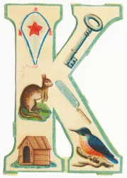 K: vlieger, sleutel, kangoeroe, mes, kennel, ijsvogel