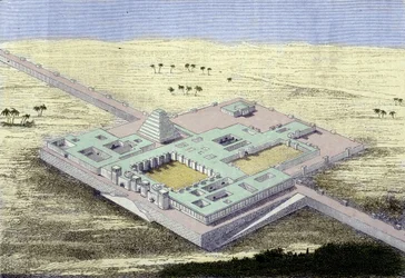 Khursabad (Irak). Reconstructie van het paleis van Sargon II, koning van Assyrië van 722 tot 705 v.Chr. Gravure uit de 19e eeuw.