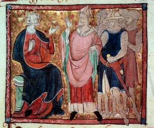 Koning Hendrik II van Engeland (1133-1189) ontvangt een bisschop en soldaten. Miniatuur uit een handschrift uit de 15e eeuw. Parijs, B.N.