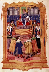 Koning Lodewijk XI (1423-1483) en de Ridders van de Orde van Sint-Michiel. Miniatuur uit het manuscript Statuten van de Orde van Sint-Michiel 15e eeuw