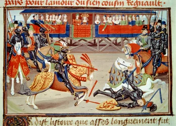 Koning Richier die Guichart van de Moree uit het zadel werpt tijdens een toernooi.
