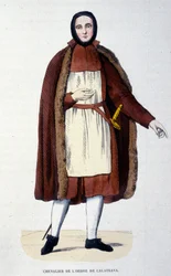 Ridder van de Orde van Calatrava. Een groep religieuzen en ridders verdedigde de stad Calatrava in Spanje tegen de Castilianen in 1145 en 1158. De orde werd in 1523 aan de Kroon van Spanje gehecht met de koning als grootmeester. Gravure uit de 19e eeuw