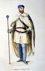 Ridder van de Orde van Tempeliers in oorlogskostuum. Gravure uit de 19e eeuw