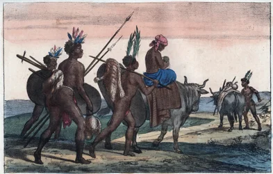 Korah-Hottentotten van de Kaap onderweg - gravure uit 