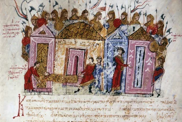 De gewapende Varangiaanse garde (Vikingen uit Denemarken en Zweden, die over het hele rivierennetwerk van de oostelijke gebieden reisden en forten bouwden, tot aan de Kaspische Zee, en zo de basis legden voor wat de Russische staat zou worden)