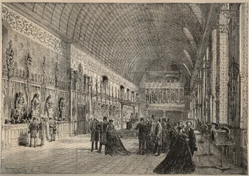 De wapenzaal van het kasteel van Pierrefonds - restitutie door Viollet-Leduc (gravure 1880)