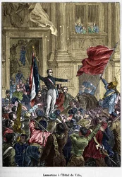 Lamartine (1790 - 1869), weigert de rode vlag voor de driekleurige vlag, in het stadhuis. Parijs, 26 februari 1848. Bianchetti collectie